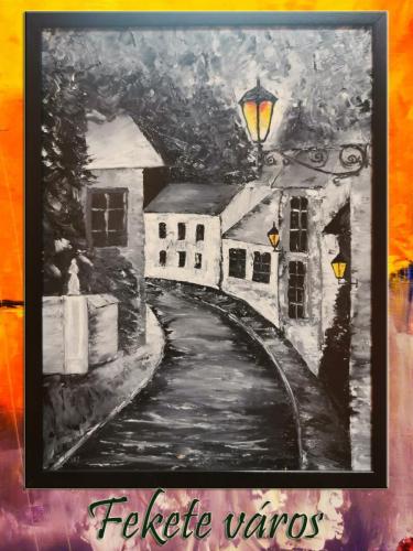 Fekete város / olaj, 40x30 cm kasírozott vászon üveg keretben /